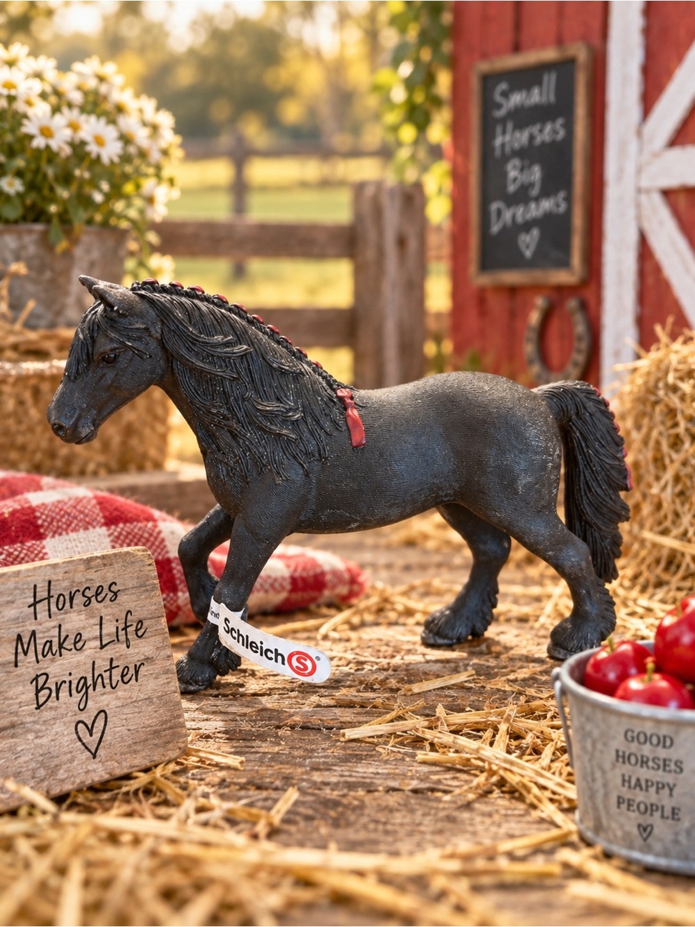 Schleich Friesian Mare Black Horse Braided Red Ribbons Figure GUC Tag attached
